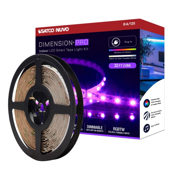 Satco 64-131 Dimension Pro Tape Light strip 32 ft. Hi-Output RGB plus Tunable White Plug connection Starfish IOT Capable IR Remote Included White Finish