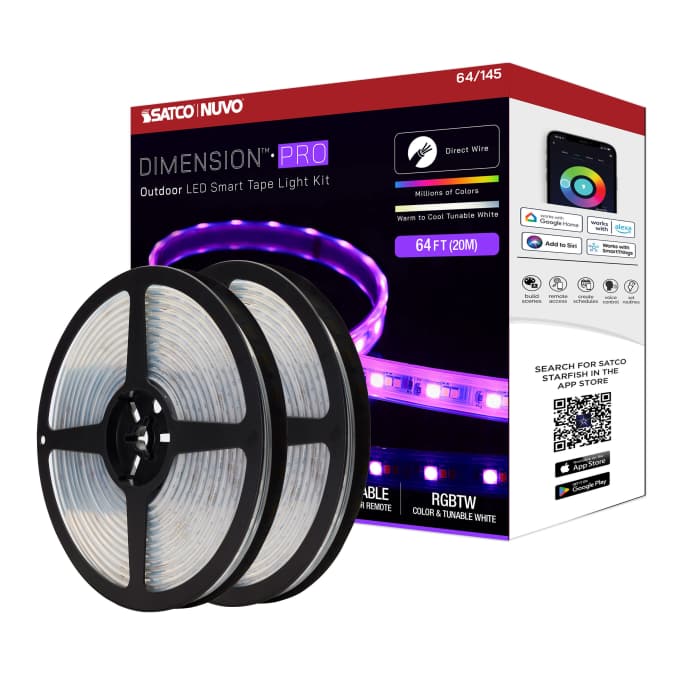 Satco 64-145 Dimension Pro Tape Light strip 64 ft. Hi-Output RGB plus Tunable White J-Box connection IP65 Starfish IOT Capable RF Remote Included White Finish