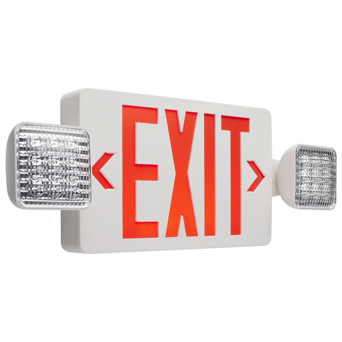 Satco 67-122 Combination Red Exit Sign/Emergency Light, 90min Ni-Cad backup, 120/277V, Dual Head, Single/Dual Face, Universal Mounting, Remote Compatible