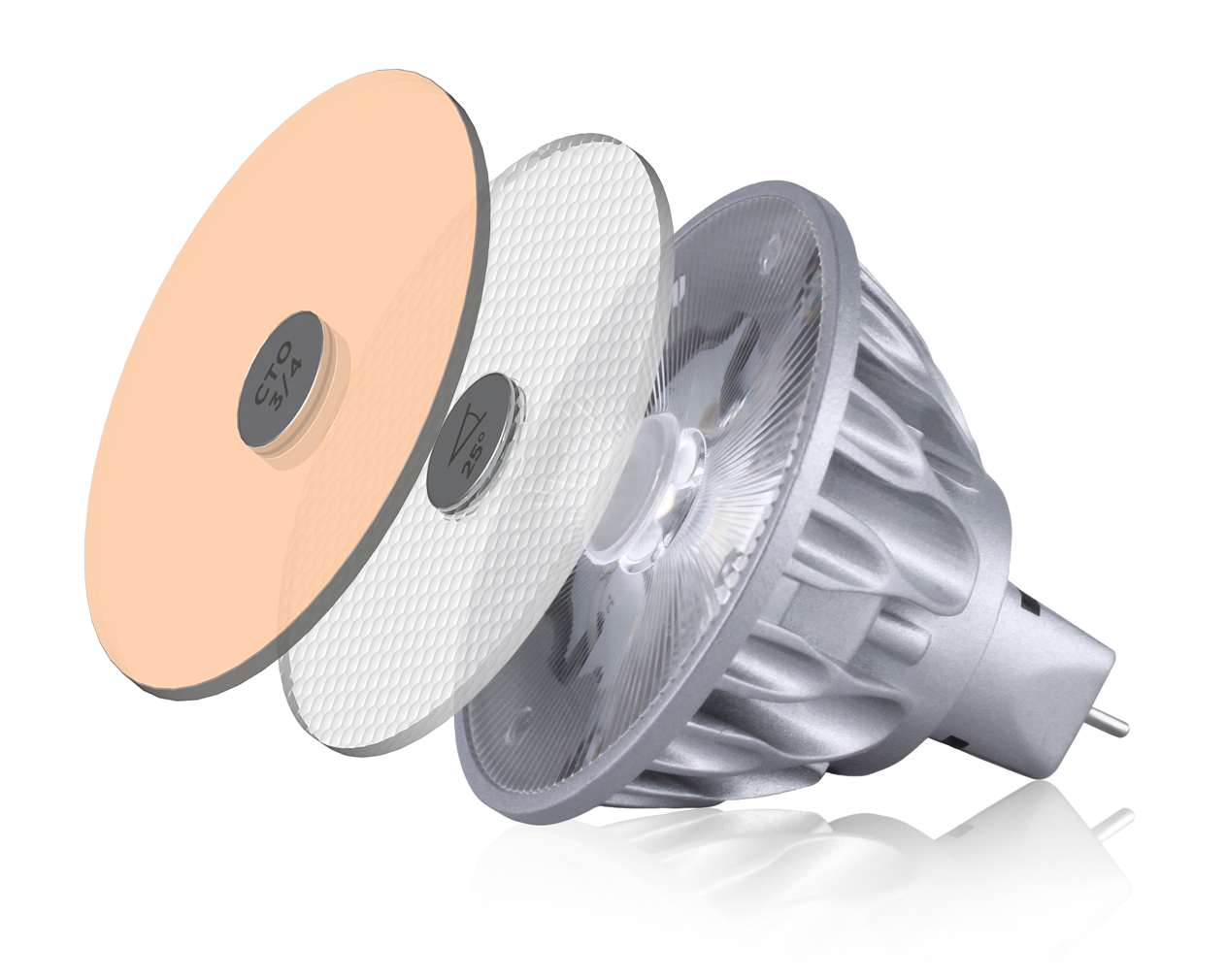 Exploded view of Soraa SNAP 2 inch Flat Top lens with an LED lamp