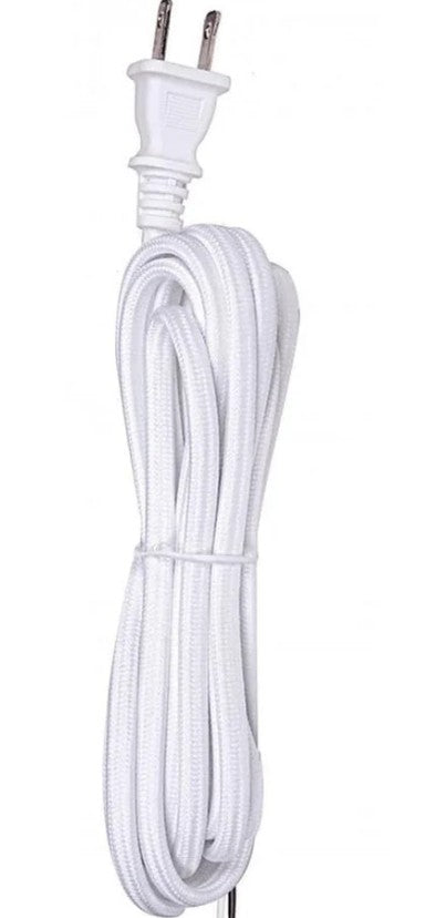 Satco 80-2289 8 Foot Rayon Cord Set White Finish 18/2 SPT-2 105C With Molded Polarized Plug 200 Carton Tinned Tips Strip With 2" Slit