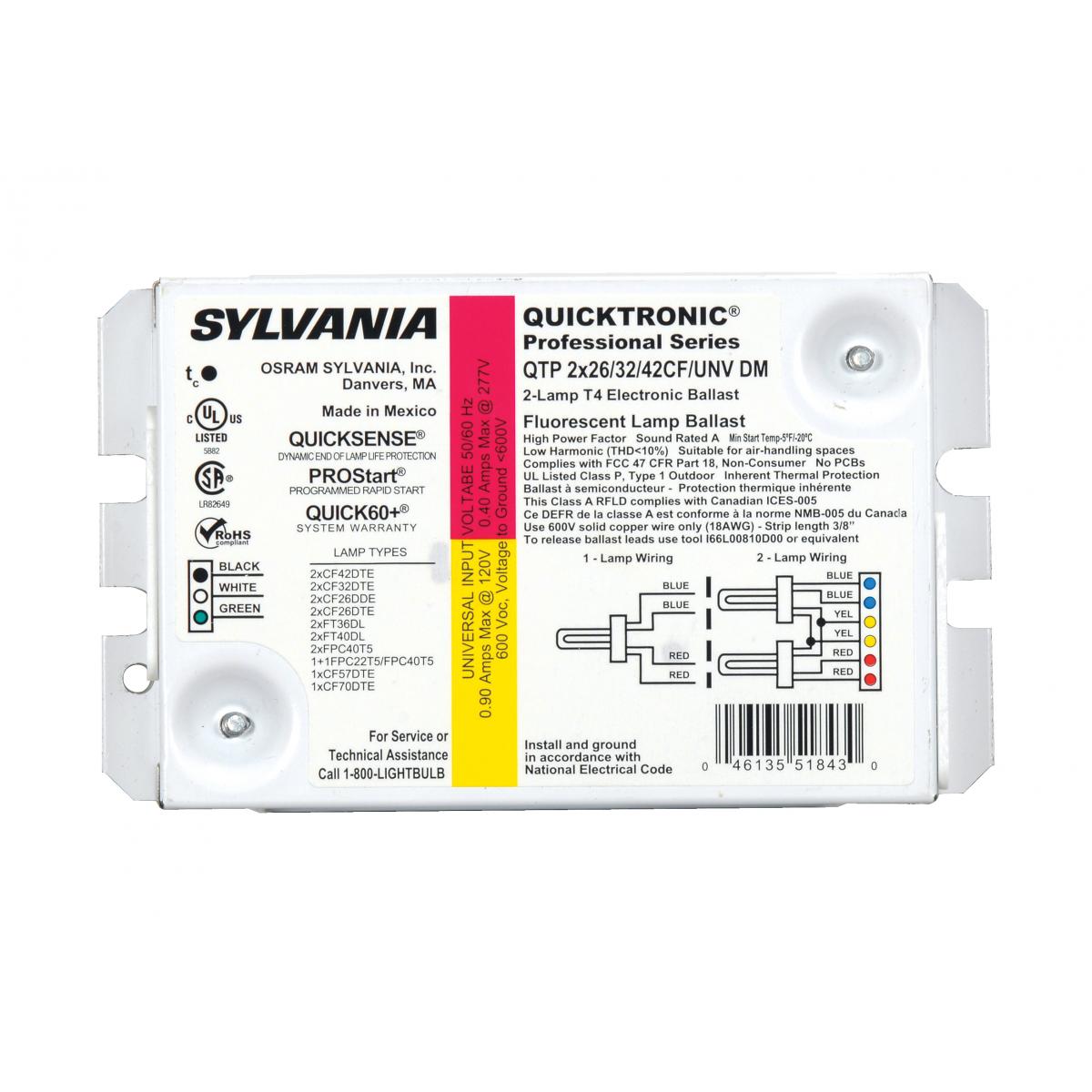 Satco S5233 QTP1/2CF/UNV/PM # of lamps: 1-2 CF26 Compact Fluorescent Programmed Start, < 10% THD, Universal Voltage Ballast