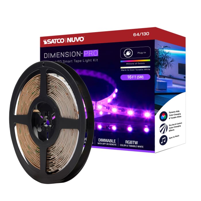 Satco 64-130 Dimension Pro  Tape Light strip  16 ft.  Hi-Output  RGB plus Tunable White  Plug connection  Starfish IOT Capable  IR Remote Included  White Finish