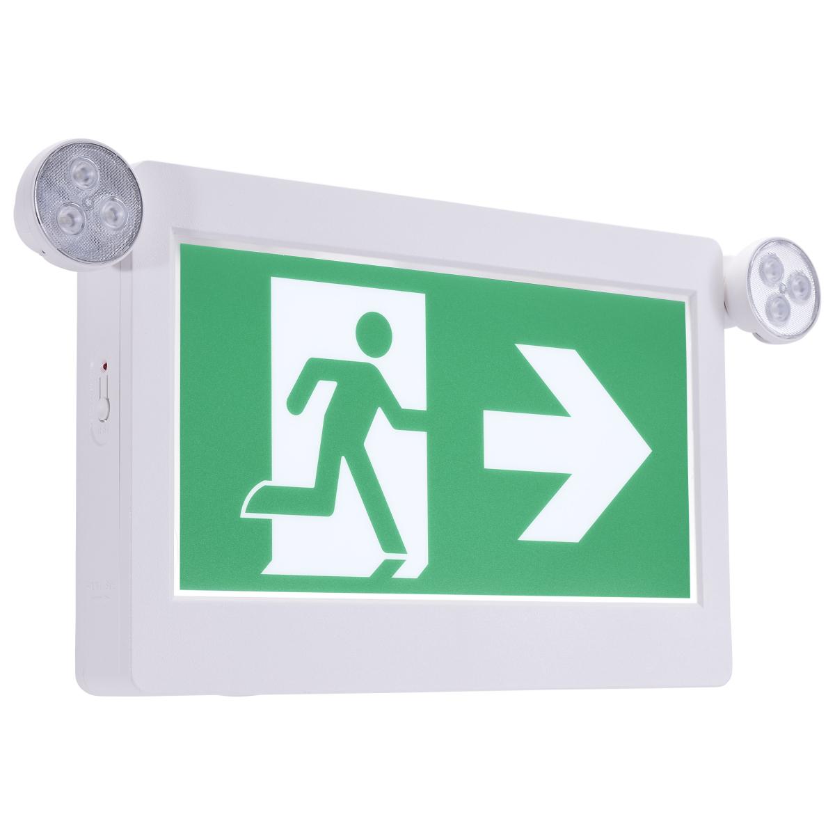 Satco 67-511 EX COMBO-CAN-HO Running Man Green Combo Exit Sign/Emergency Light; 120-347V; 2HR backup; Single/Dual Face; Universal Mounting; Thermoplastic; High Output lamps