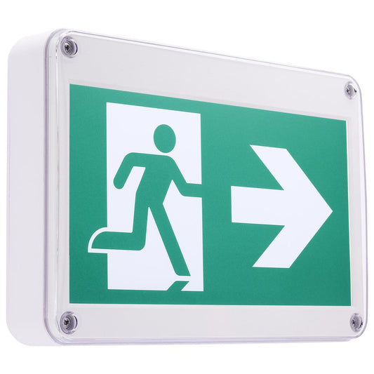 Satco 67-560 EX SIGN-CAN-WET Running Man Green Exit Sign; 120/347V; 2HR backup; Single/Dual Face; Universal Mounting; Wet Location