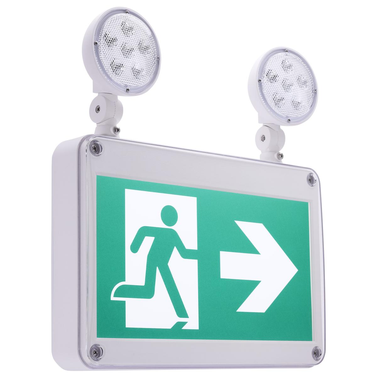 Satco 67-571 EX COMBO-CAN-WET RC Running Man Green Combo Exit Sign/Emergency Light; 120/347V; 2HR backup; Single/Dual Face; Universal Mounting; Wet Location; Remote-Capable