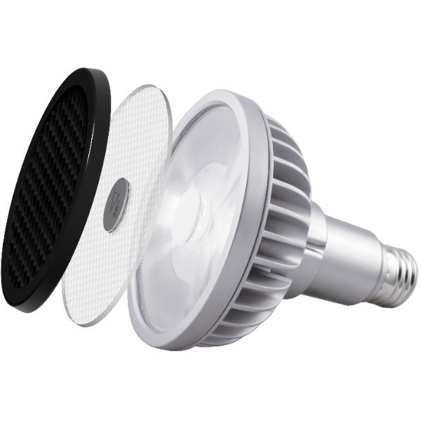 Exploded view of Soraa SNAP 4 inch 40 degree louver above an LED lamp