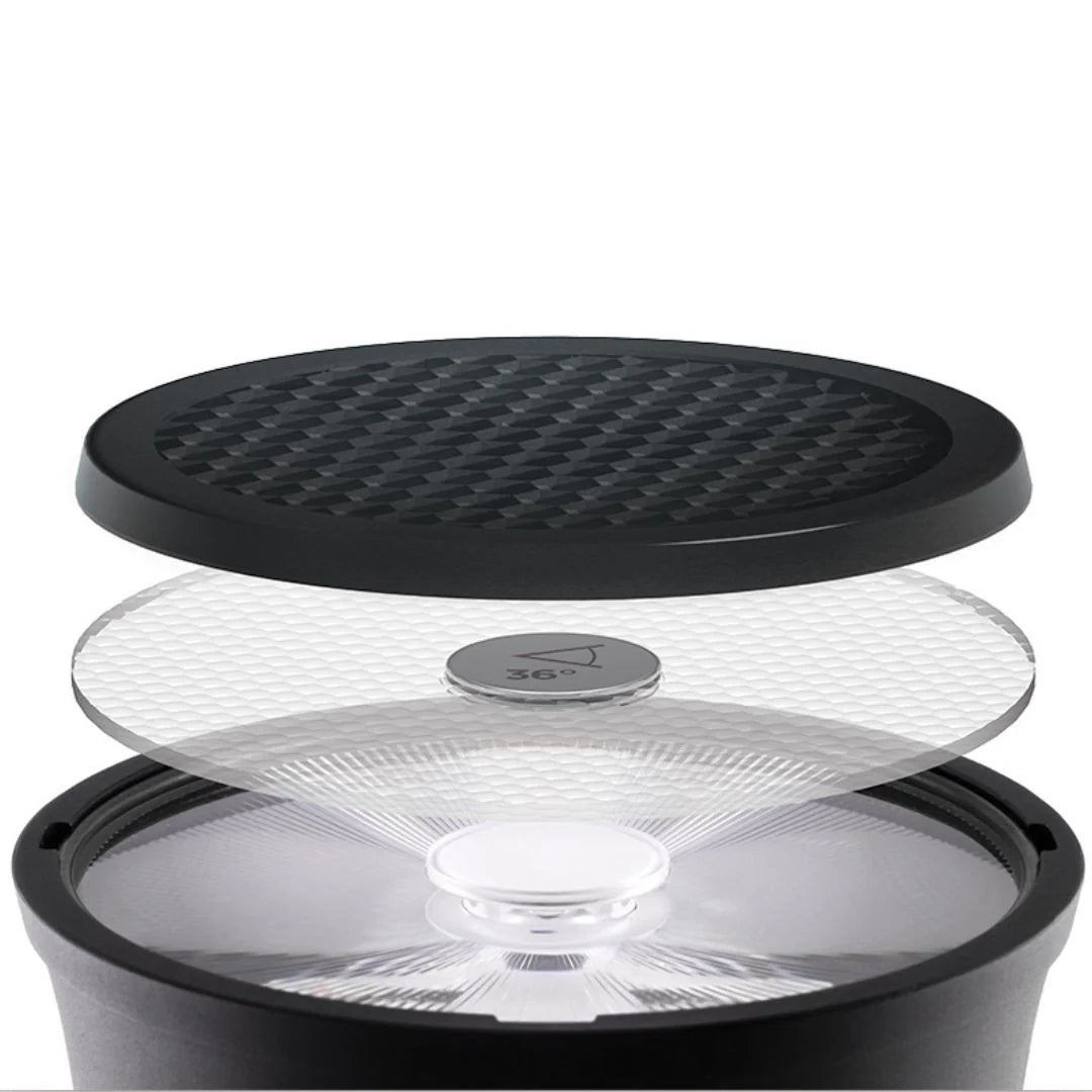 Exploded view of Soraa SNAP 2 inch 40 degree louver above an LED lamp