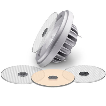 Exploded view of Soraa SNAP 4 inch linear beam spreader above an LED lamp