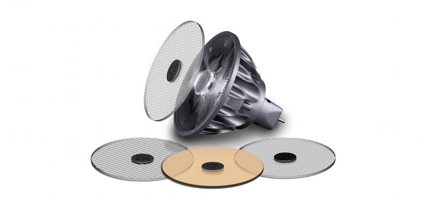 Exploded view of Soraa SNAP 2 inch Flat Top lens above an LED lamp