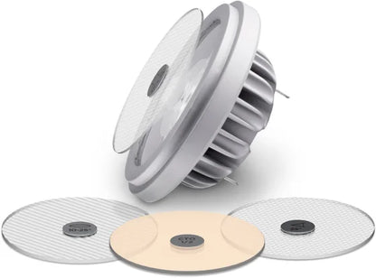 Soraa AC-AM-0020-00-S1 SNAP 2 inch aimable lens pair pair and filters shown with a Soraa LED lamp