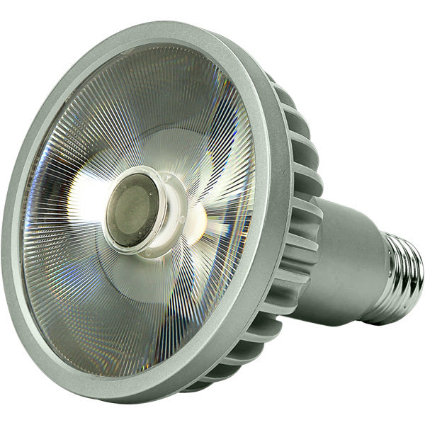 Angled front view of Soraa SP20-08-10D-830-H1 BRILLIANT PAR20 E26 120V LED lamp, 8.4W, 10 degree, 3000K
