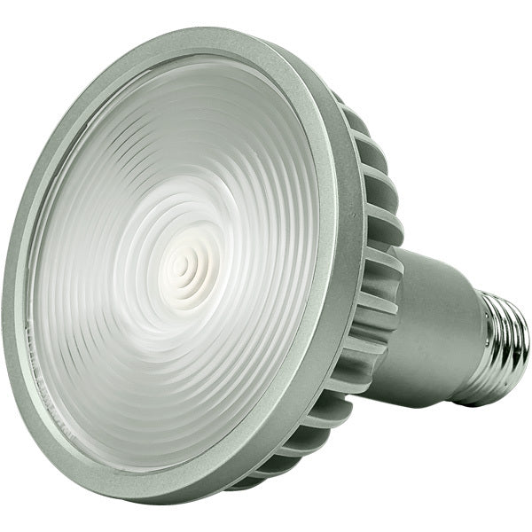 Angled front view of Soraa SP30L-14-60D-830-H1 BRILLIANT PAR30 Long Neck E26 120V LED lamp, 13.7W, 60 degree, 3000K