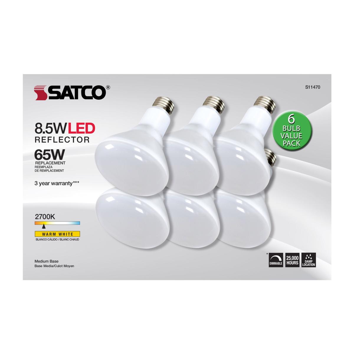 Satco S11471 8.5 Watt BR30 LED 3000K 80 CRI Medium Base 120 Volts Dimmable 6-pack