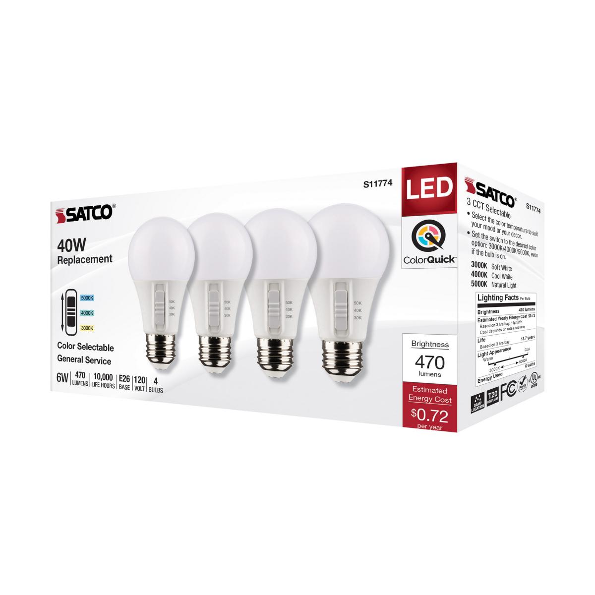 Satco S11775 9 Watt A19 LED Medium Base CCT Selectable White Finish 90 CRI 120 Volt 4 Pack