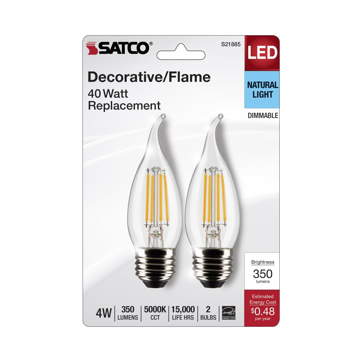 Satco S21885 4 Watt CA10 LED Clear Medium Base 5000K 120 Volt 2-Pack