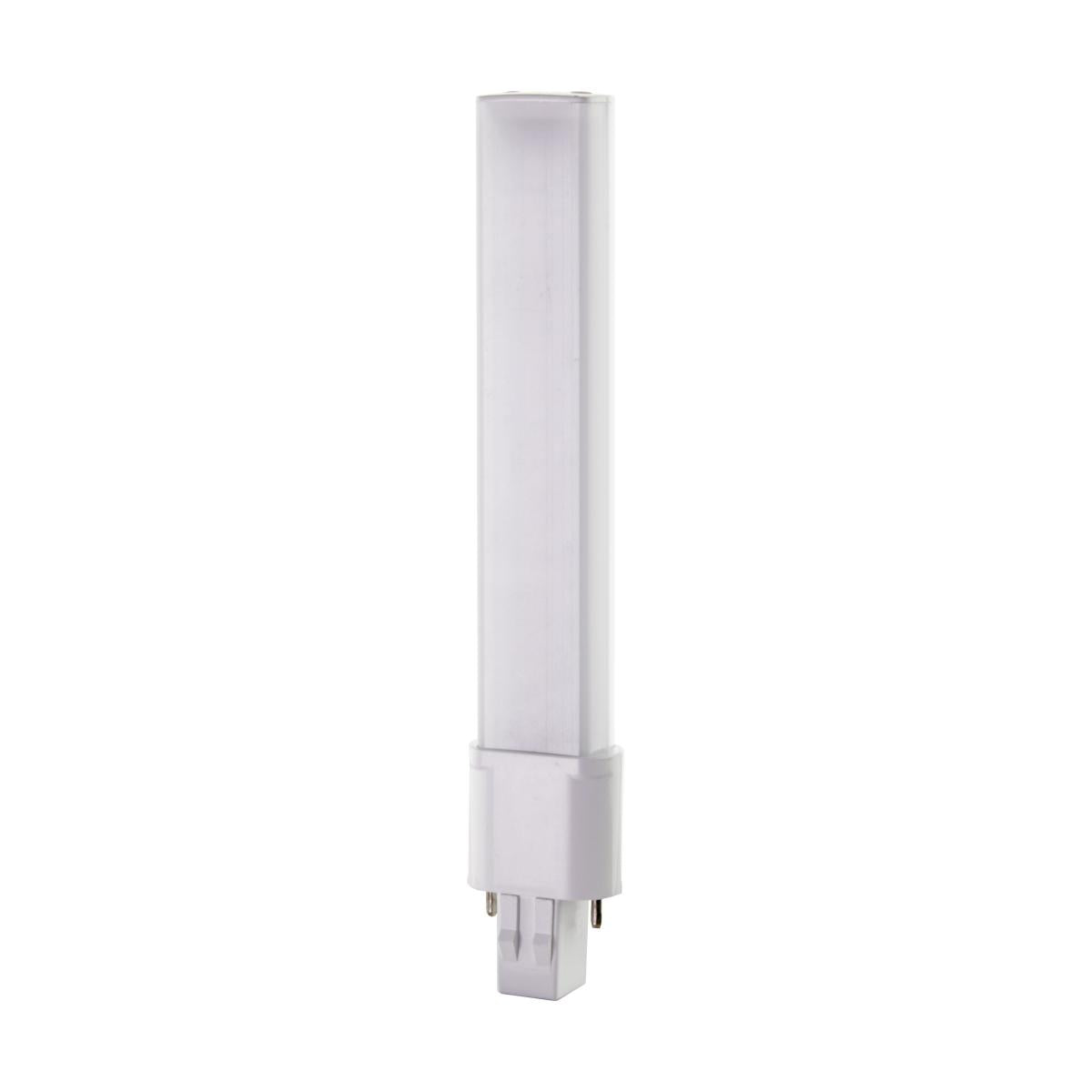 Satco S28726 6 Watt LED PL 2-PIN 3000K 600 Lumens GX23 base 50000 Average rated hours 360 deg. Beam Angle 120-277 Volt Type B Ballast Bypass