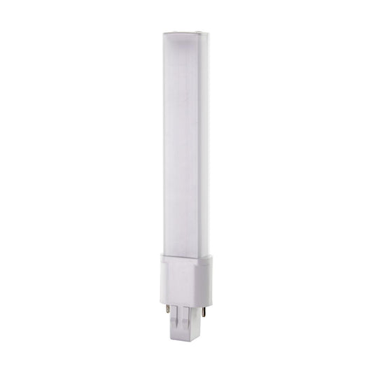 Satco S28728 6 Watt LED PL 2-PIN 4000K 600 Lumens GX23 base 50000 Average rated hours 360 deg. Beam Angle 120-277 Volt Type B Ballast Bypass
